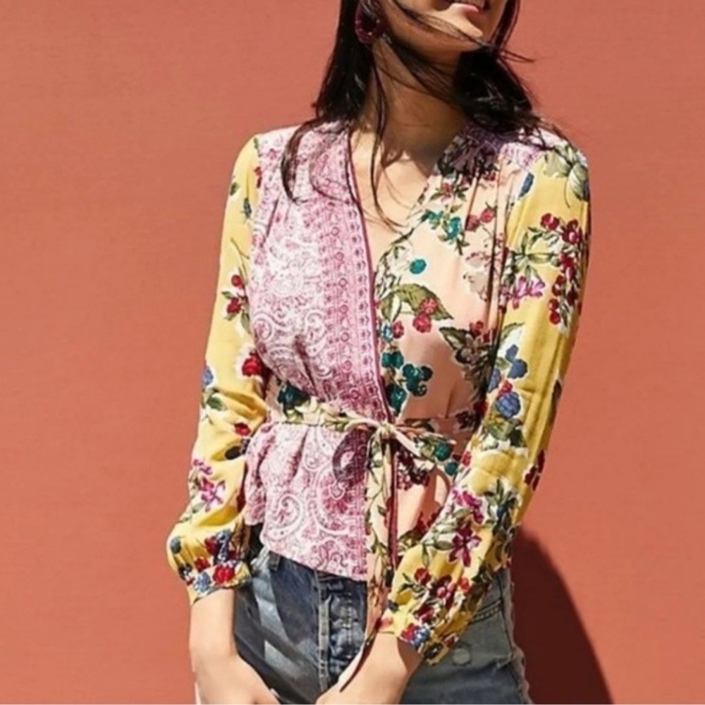 Anthropologie Floral Wrap Blouse - Pink, Yellow, Cream